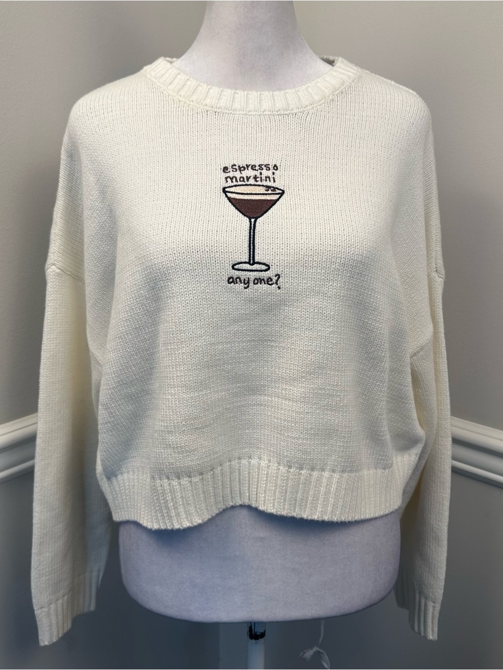 moon & madison Cream Sweater with Espresso Martini Embroidery XS